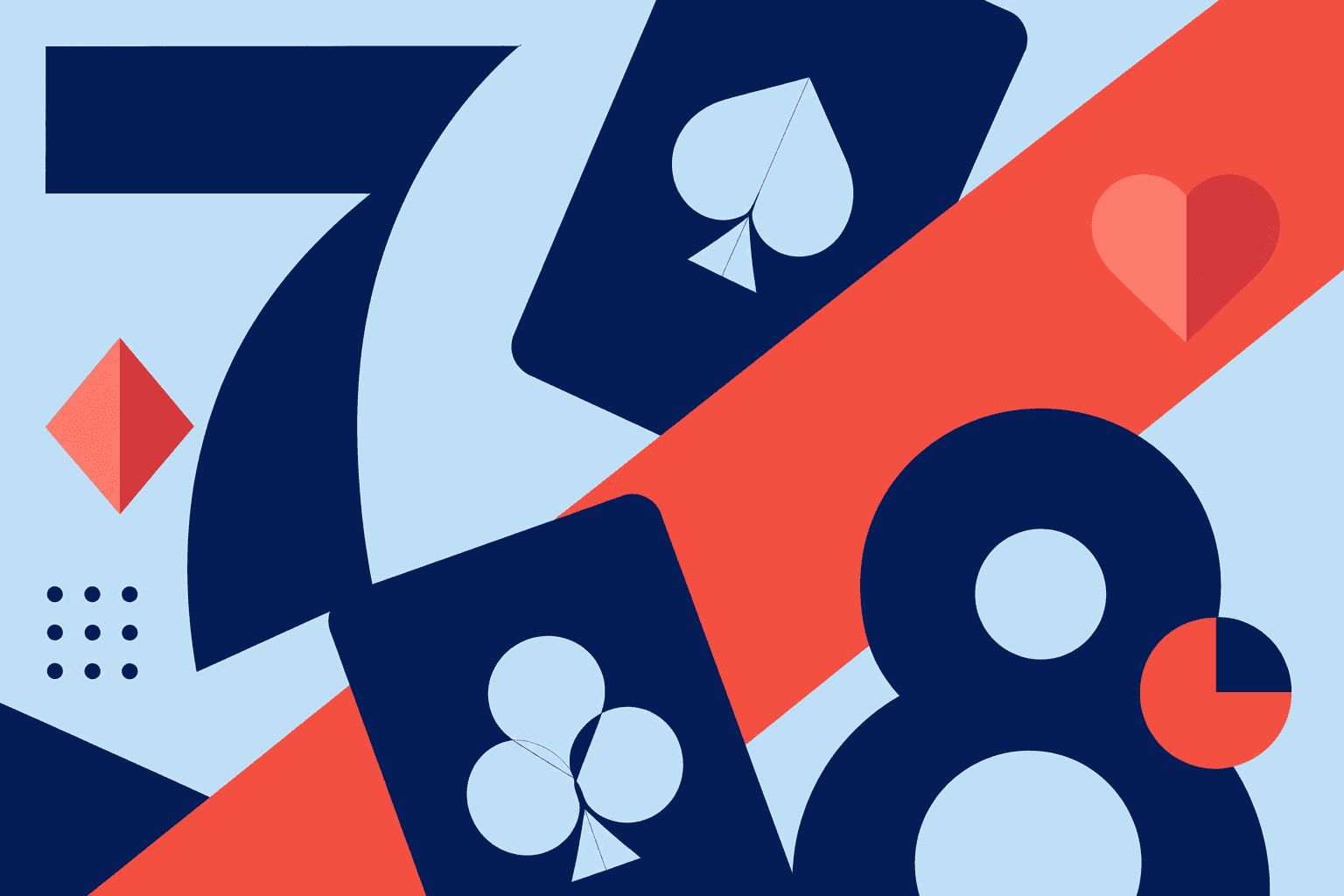 Abstract cards and comparison numerals in navy and coral